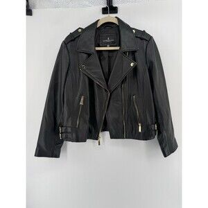 NWOT London Fog Leather Moto Jacket Black Women’s L Gold accents asymmetric